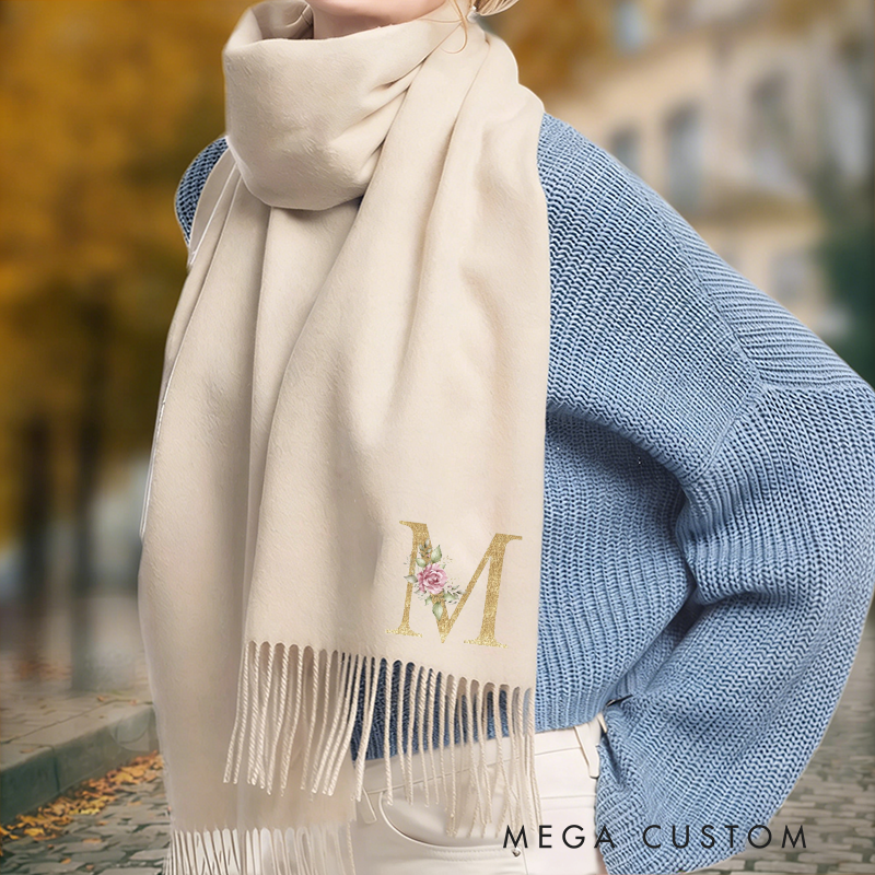 Personalized Initial Scarf Custom Floral Letter Shawl Gift for Women Solid Color Winter Wrap Gifts