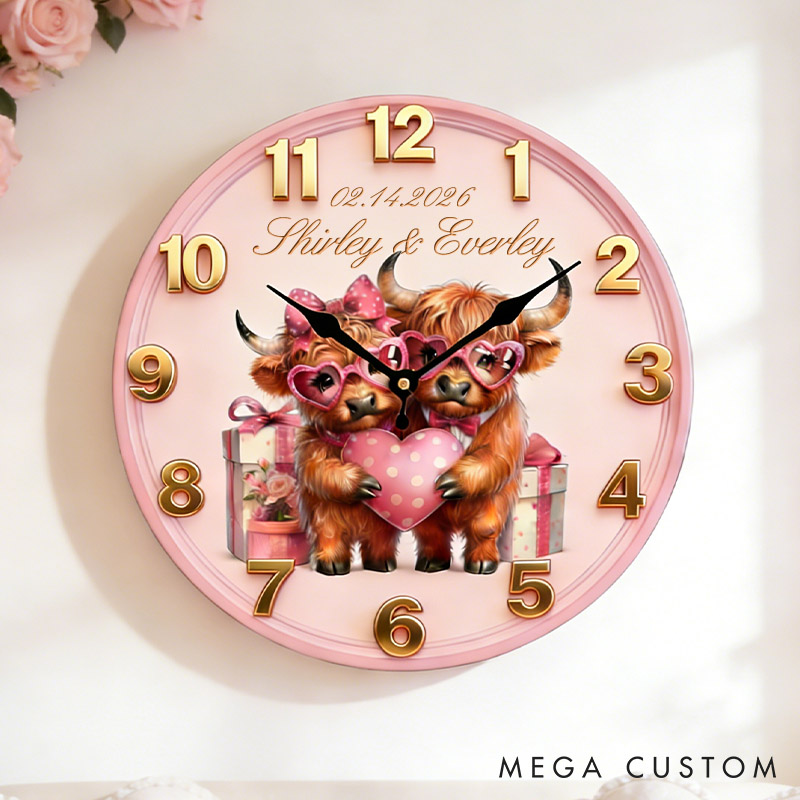 Personalized Highland Cow Couple Happy Valentine's Day Wall Clock Custom Pink Highland Cow Holding Heart 3D Effect Wall Clock Valentines Day Gift