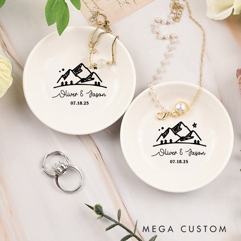 Personalized Adventure-Inspired Mountain Under the Night Sky Wedding Engagement Round Ring Dish