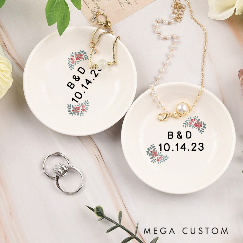 Personalized Red Floral Wedding Monogram with Initials and Date Wedding Engagement Round Ring Dish