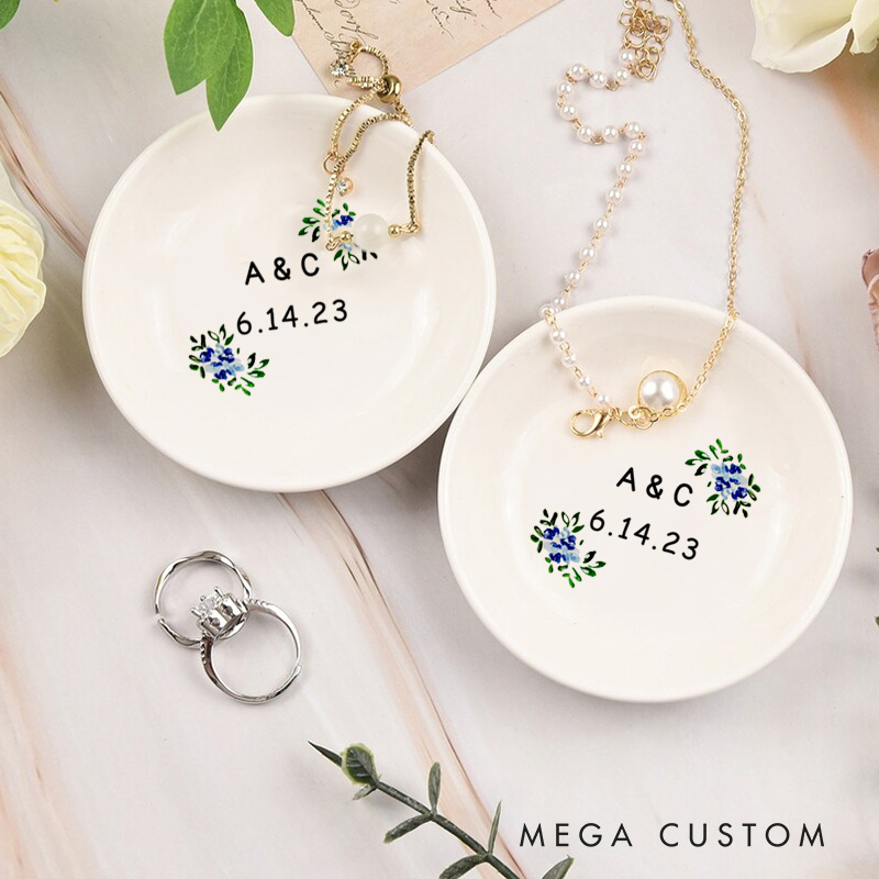 Personalized Blue Floral Wedding Monogram with Initials and Date Wedding Engagement Round Ring Dish