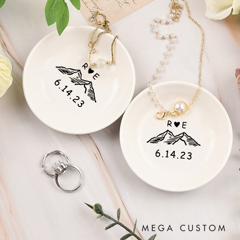 Personalized Mountain Adventure Initials Design with Heart and Date Wedding Engagement Round Ring Dish