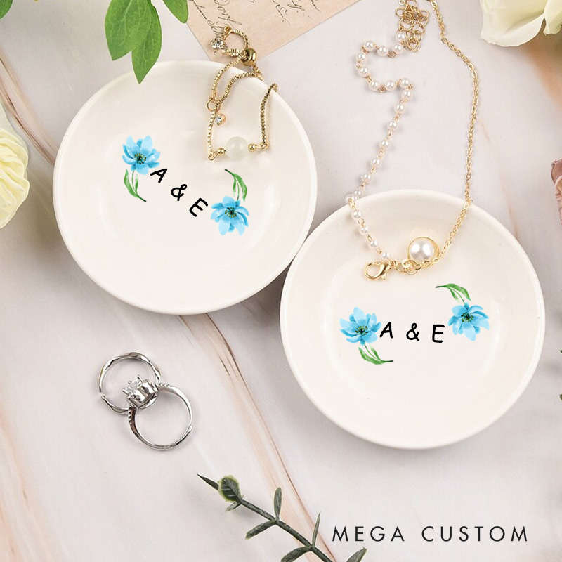 Personalized Watercolor Floral Blue Blossoms with Initials Wedding Engagement Round Ring Dish