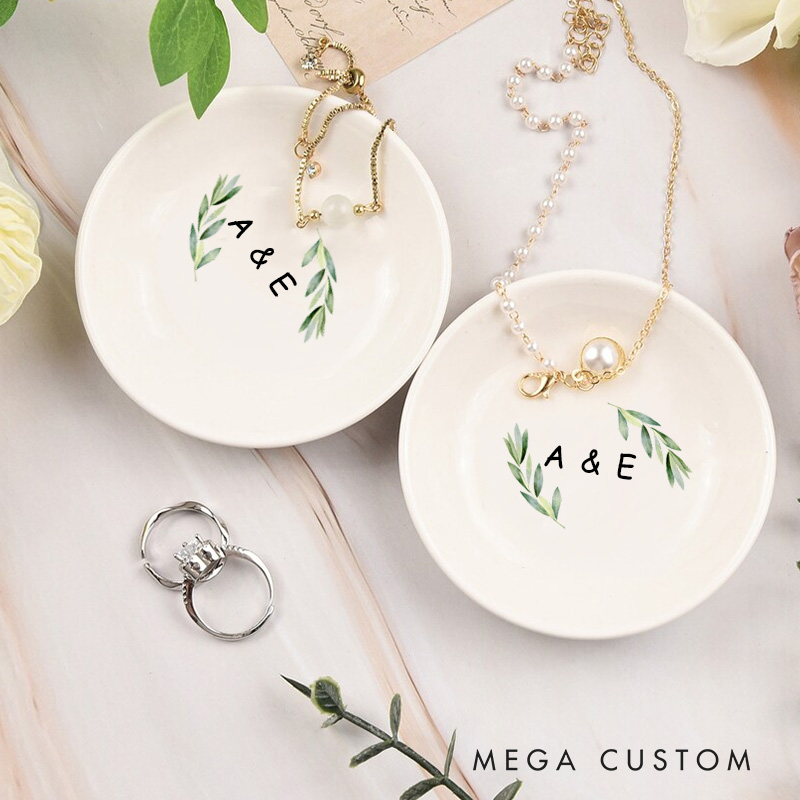Personalized Watercolor Leafy Branches with Initials Wedding Engagement Round Ring Dish