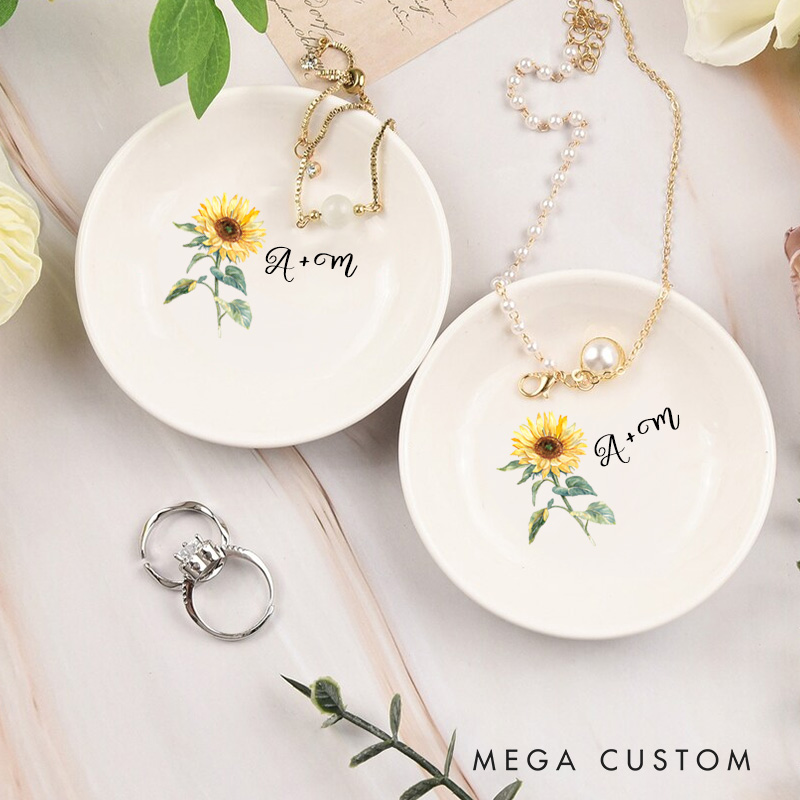 Personalized Vibrant Sunflower with Initials Wedding Engagement Round Ring Dish