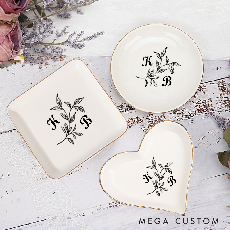 Personalized Elegant Leaf Branch Wedding Engagement Gold-Trimmed Ring Dishes