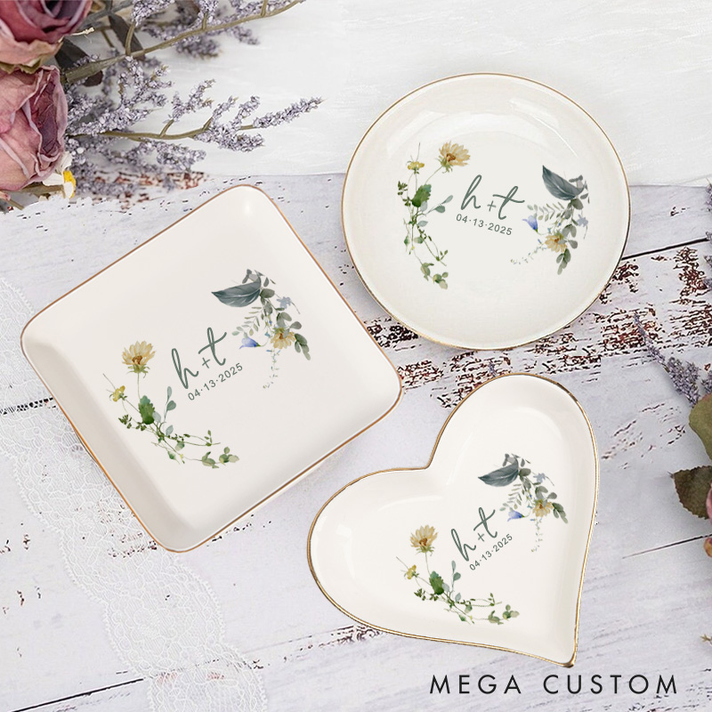 Personalized Delicate Watercolor Floral and Leaves Wedding Engagement Gold-Trimmed Ring Dishes
