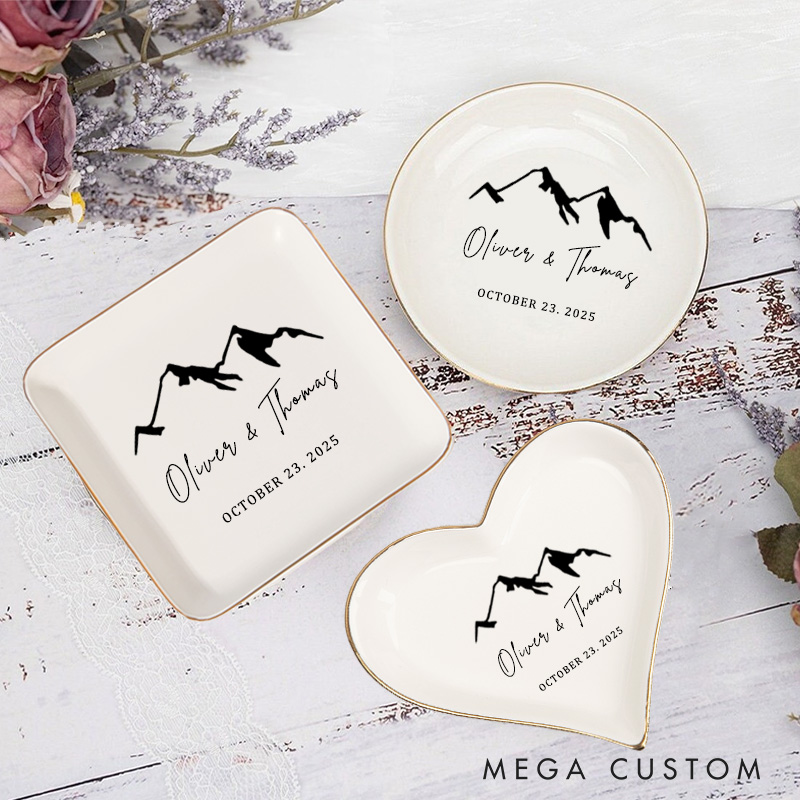 Personalized Minimalist Mountain Range Wedding Engagement Gold-Trimmed Ring Dishes