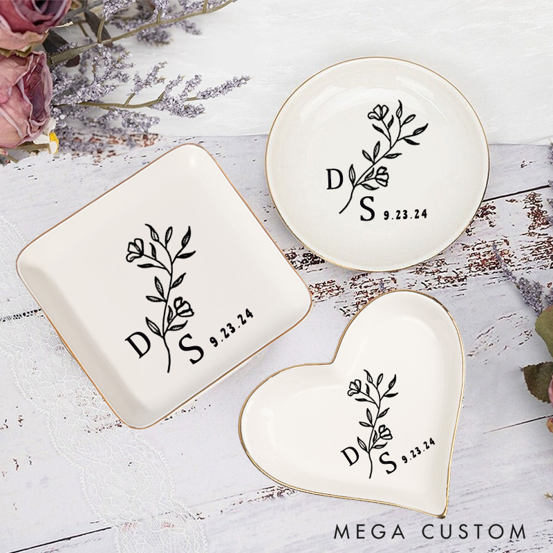 Personalized Minimalist Wild Flower with Initials Wedding Engagement Gold-Trimmed Ring Dishes