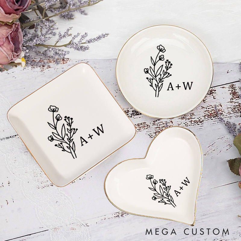 Personalized Wild Flower with Initials Wedding Engagement Gold-Trimmed Ring Dishes