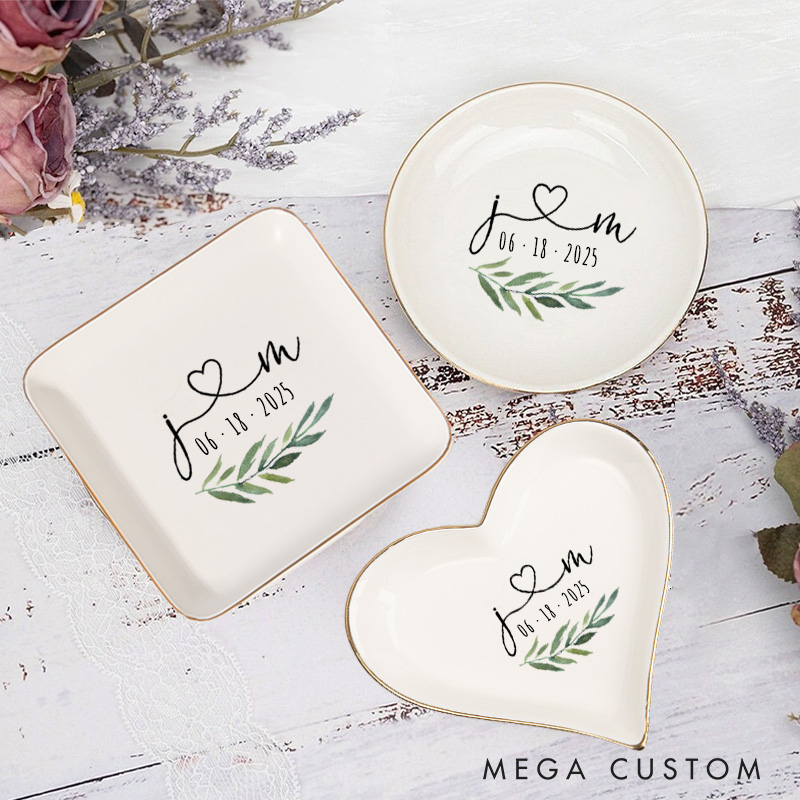 Personalized Romantic Watercolor Foliage Initials with Heart Gold-Trimmed Ring Dishes