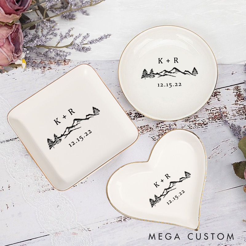 Personalized Rustic Mountain and Forest Wedding Engagement Gold-Trimmed Ring Dishes