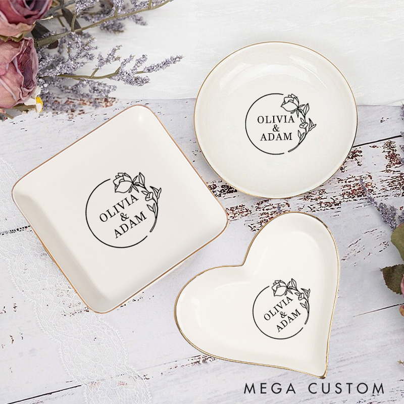 Personalized Elegant Circular Frame Rose Wedding Engagement Gold-Trimmed Ring Dishes