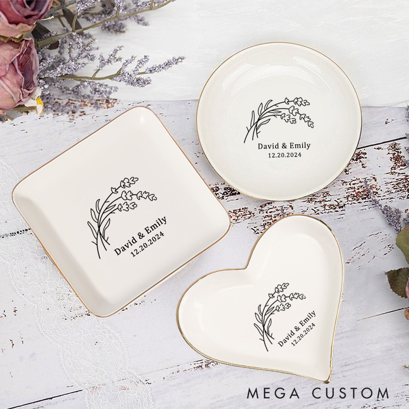 Personalized Elegant Lavender Sprigs Wedding Engagement Gold-Trimmed Ring Dishes