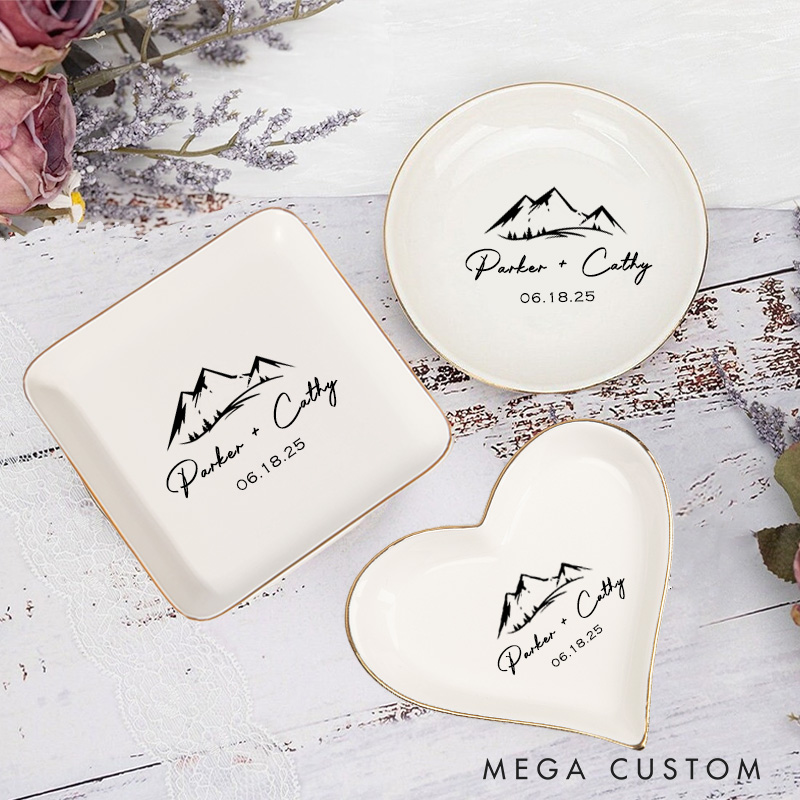 Personalized Bold Mountain Landscape Monogram Wedding Engagement Gold-Trimmed Ring Dishes