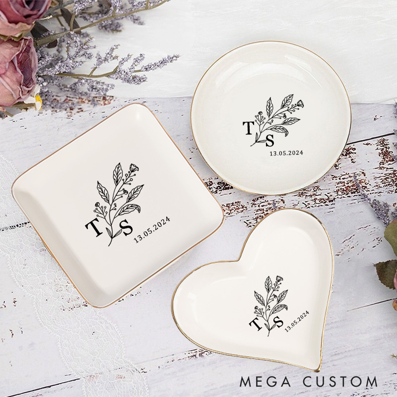 Personalized Graceful Flowing Branches and Leaves Wedding Couple Gold-Trimmed Ring Dishes