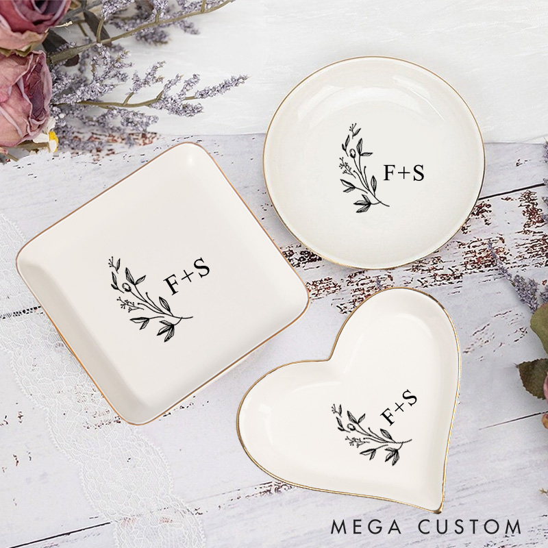 Personalized Wild Flowers and Leaves Wedding Engagement Gold-Trimmed Ring Dishes