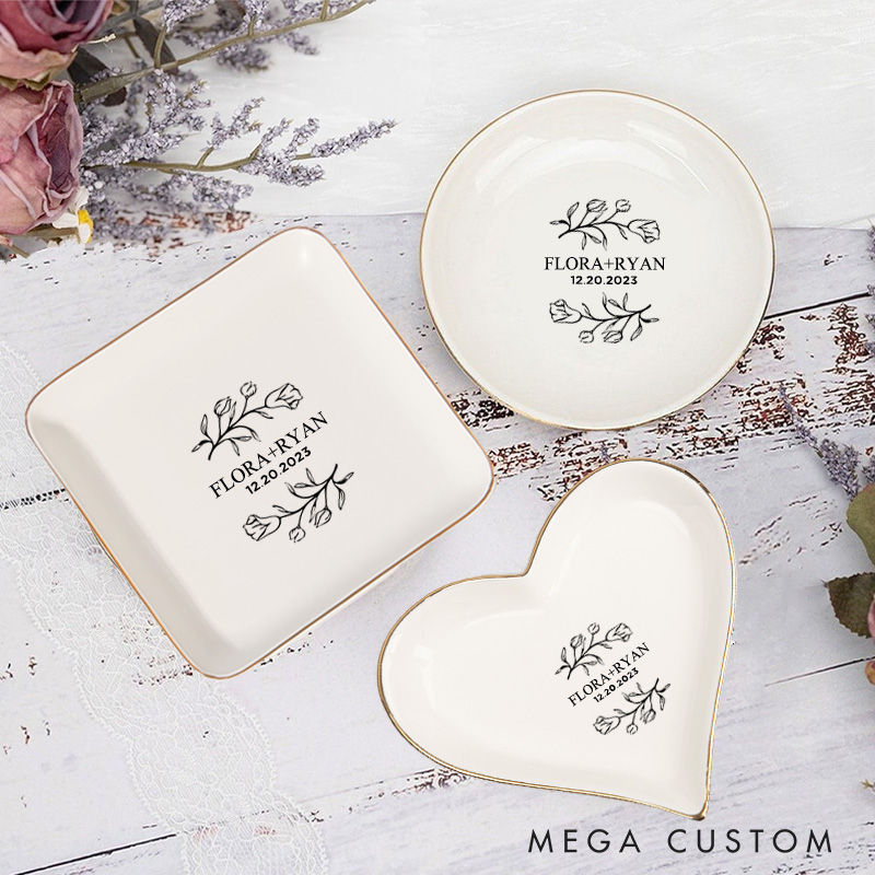 Personalized Elegant Morning Glory Monogram Wedding Engagement Gold-Trimmed Ring Dishes