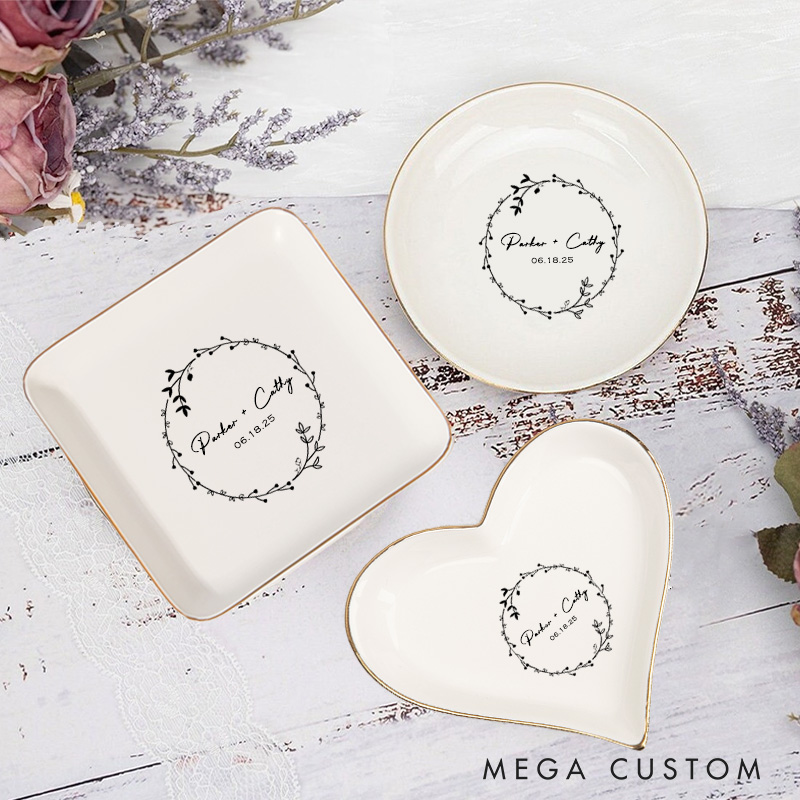 Personalized Floral Wreath with Small Leaves and Buds Wedding Engagement Gold-Trimmed Ring Dishes