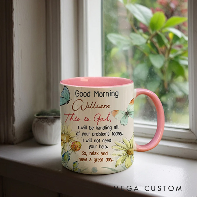 Personalized Good Morning This is God Christian 11oz Ceramic Mug with Name Bible Verse Inner Color Mug Birthday Religious Inspirational Gift for Women