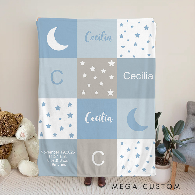 Personalized Baby Name Blanket - Soft Pastel Patchwork Design With Birth Details Moon And Stars Pattern Baby Keepsake