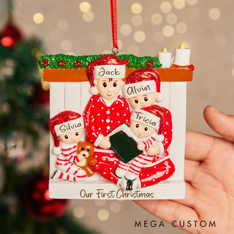 Personalized Reading Pajama Family of Four with Matching Pajamas Decorating Christmas Tree Ornament