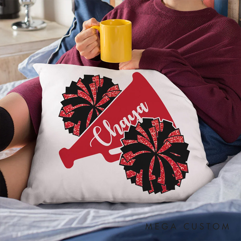 Personalized Megaphone and Pom Poms Cheerleader Throw Pillow with Custom Name