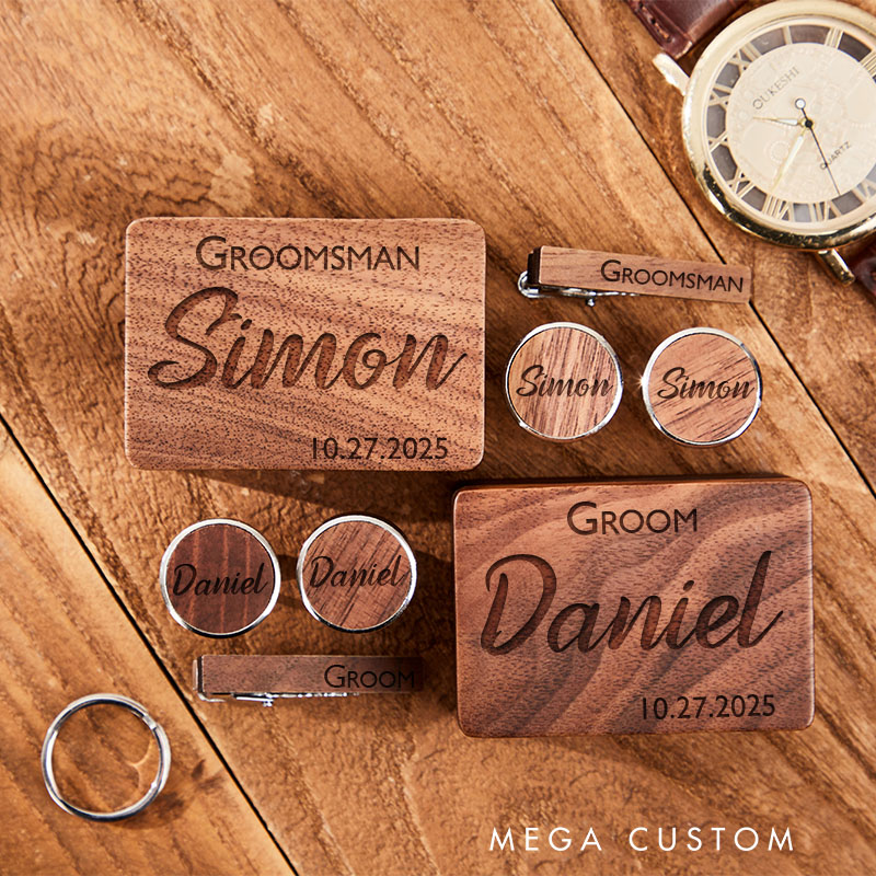 Personalized Groomsman Cufflink Box Set with Cufflinks and Tie Clip Groom Wedding Party Favors Cufflinks Box Set with Tie Clip