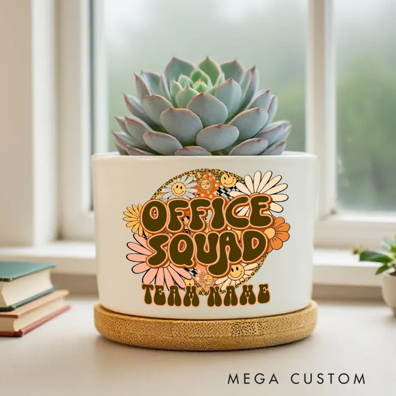 Personalized Office Squad Team Name Planter with Groovy Floral Design Gift for Office Worker Coworker