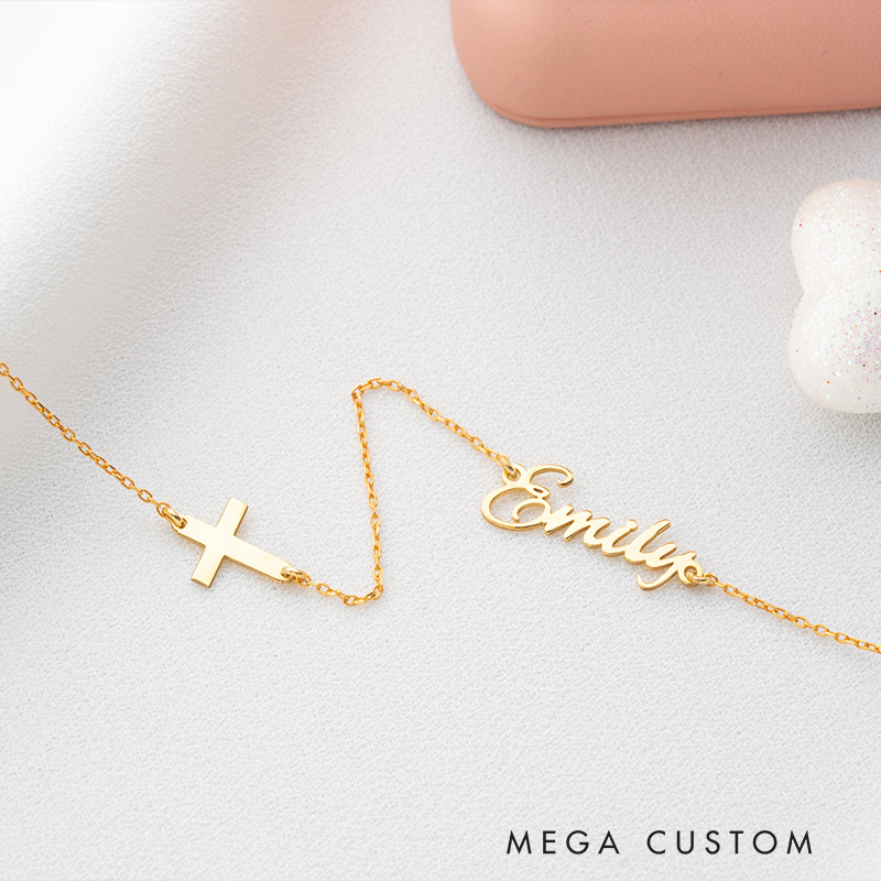 Personalized Sideway Cross and Name Pendant Necklace for Women Religious Jewelry Christening Baptism Gift for Women Christian Christmas Gift for Her