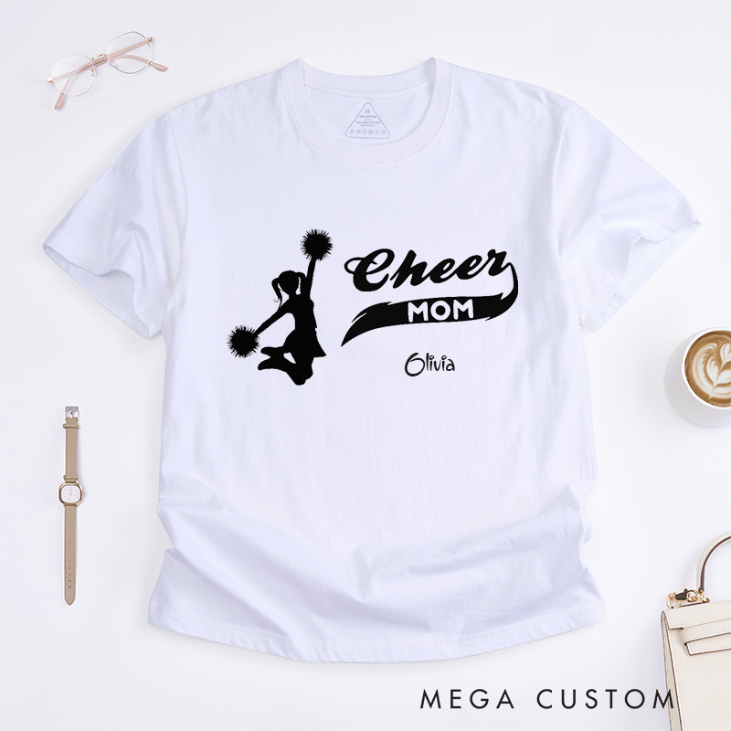 Personalized Cheer Mom T-Shirt Custom Name Cheerleader Gift Supportive Team Spirit Apparel for Proud Mothers of Cheerleaders Unique Present