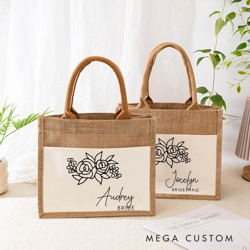 Personalized Bridesmaid Floral Burlap Tote Bag Bachelorette Party Tote Bag