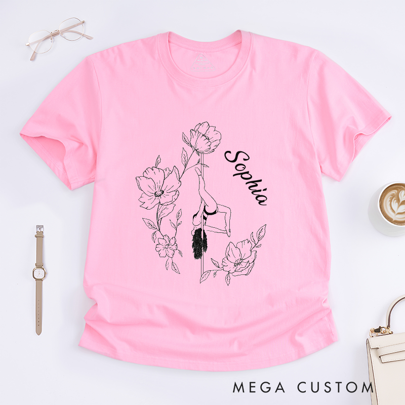Personalized Pole Dance Flower Art T-Shirt Custom Name Gift Aesthetic Floral Design Unique Present for Women Friends Dancer Birthday