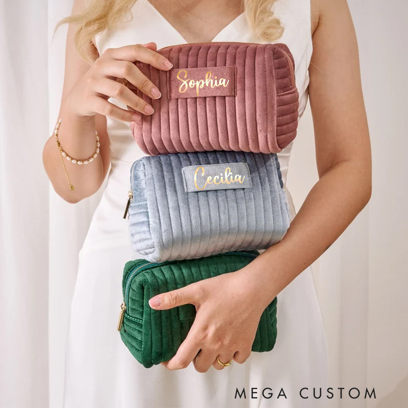 Personalized Velvet Makeup Bag Gold Name Cosmetic Pouch Gift For Her Party Favor