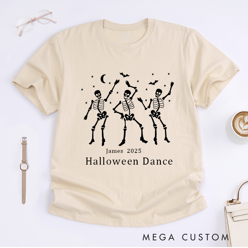 Personalized Skeleton Dance T-Shirt Custom Name Year Unisex Party Gift Spooky Dancing for Men Women Kids Halloween Event