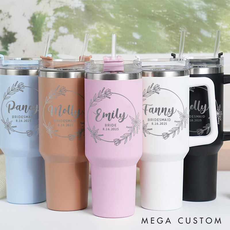 Personalized Bridesmaid Floral Wreath Tumbler with Handle 40oz Bride Tumbler with Lid and Straw