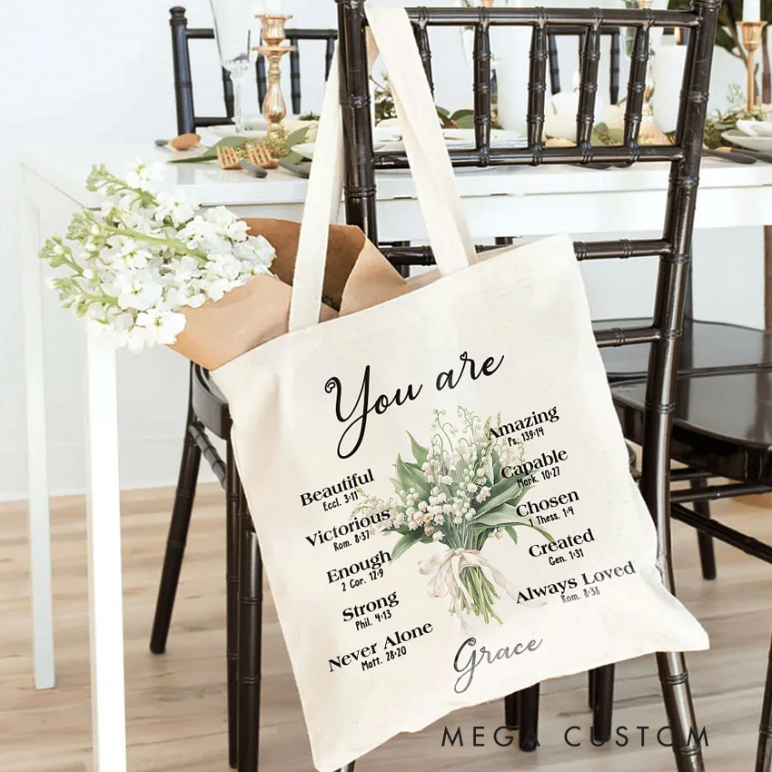 Personalized Birth Flower Bouquet Bible Verse Canvas Tote Bag with Name Inspirational Christmas Birthday Christian Gift for Women