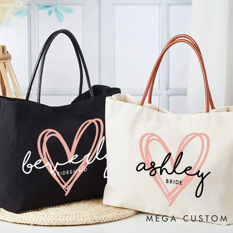 Personalized Bridesmaid Pink Heart Tote Bag with Name Bride Tote Bridal Party Gift