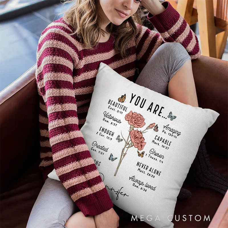 Personalized You Are Bible Verse Birth Flower Throw Pillow with Custom Name Christian Home Decor Birthday Gift for Women and Girls