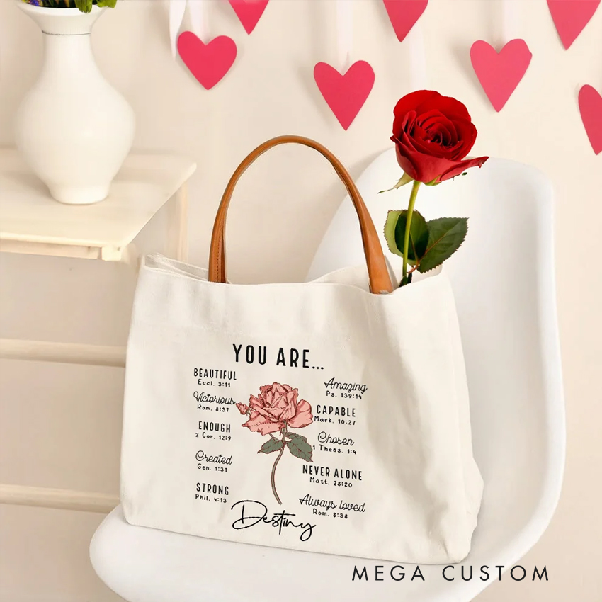 Personalized Birth Flower Bible Verse Canvas Tote Bag with Name and Leather Handle Travel Accessories Baptism Birthday Gift for Women Christians
