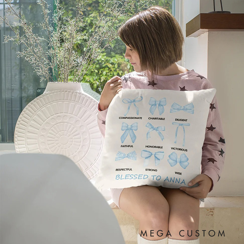 Personalized Coquette Bow Charitable Blessed Words of Bible Throw Pillow with Name Christian Pillow Faith Based Gift for Christians