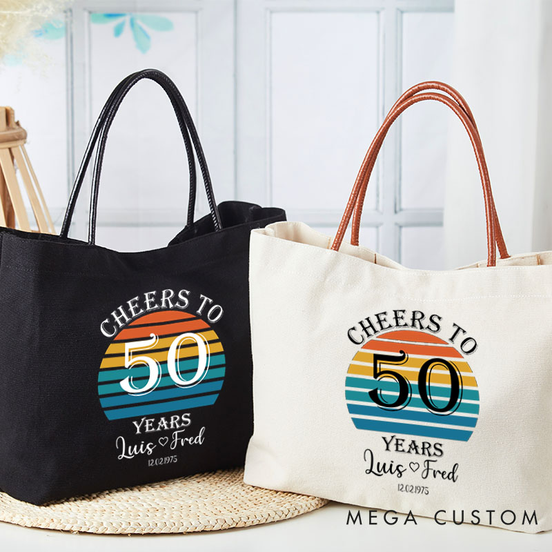 Personalized 50th Anniversary Handbag for Couple Large Capacity Anniversary Gift Simple Leather-Rope Canvas Bag