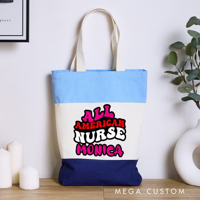 Personalized Nurse Tri Color Canvas Tote Bag Custom All American Nurse Design Tote Bag Nurse Application Week Gift