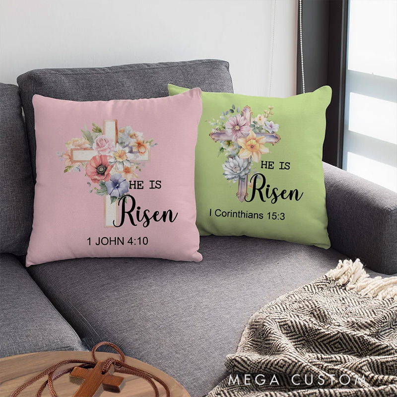 Personalized He Is Risen Bible Verse Birth Flowers Soft Throw Pillow Home Decor Religious Pillow Birthday Gift Easter Gift for Women Christians