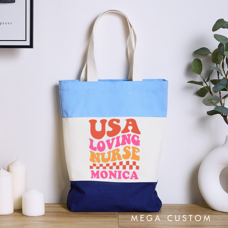 Personalized Nurse Tri Color Canvas Tote Bag Custom USA Loving Nurse Design Tote Bag Nurse Application Week Gift