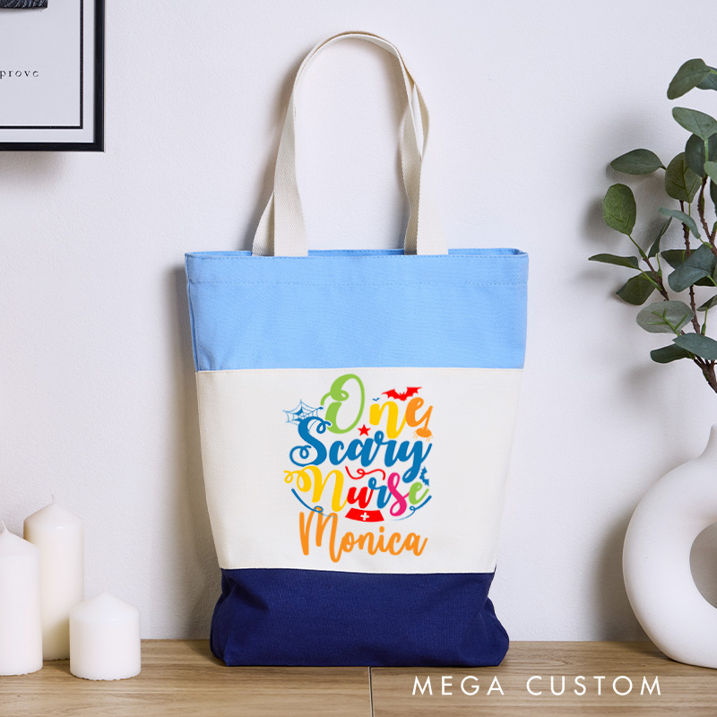 Personalized Nurse Tri Color Canvas Tote Bag Custom One Scary Nurse Design Tote Bag Nurse Application Week Gift
