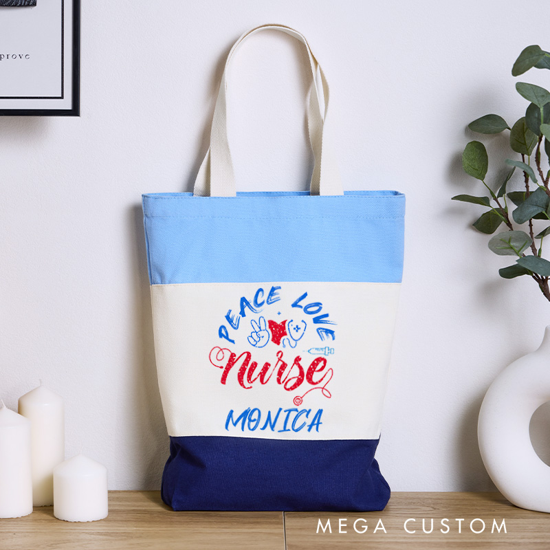 Personalized Nurse Tri Color Canvas Tote Bag Custom Peace Love Nurse Nurse Design Tote Bag Nurse Application Week Gift