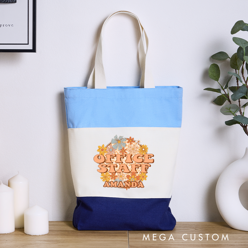 Personalized Office Staff Color Canvas Tote Bag Floral Design Custom Name Gift for Office Coworker
