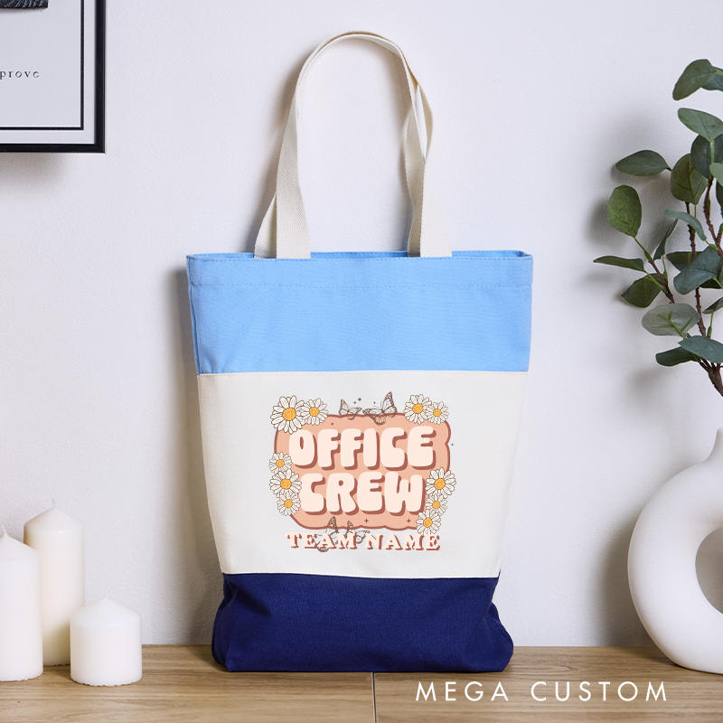 Personalized Office Crew Color Canvas Tote Bag Floral Lettering Design Appreciation Gift for Office Coworker or Employee