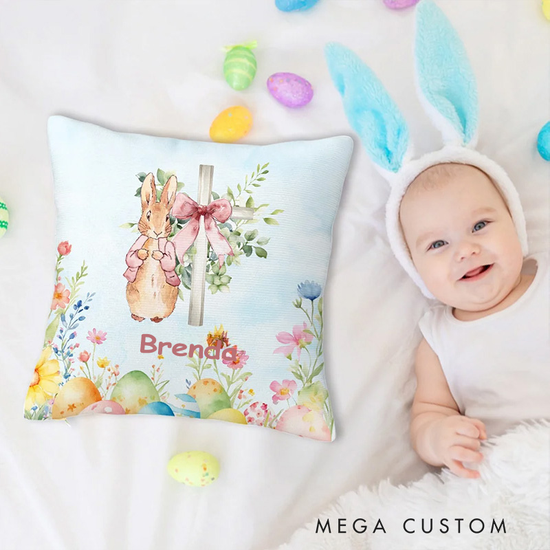 Personalized Floral Cross Rabbit Eggs Soft Throw Pillow with Name Home Decor Easter Gift Birthday Gift for Kids 